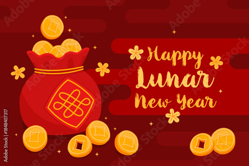Holiday card design for Lunar New Year, Chinese New Year. Lucky money bag and gold coins on red background.  Symbol of wealth, success, prosperity.