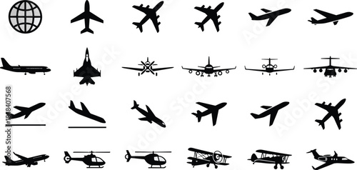Aviation Icon Collection Featuring Commercial Airplanes, Military Fighter Jets, Helicopters, Propeller Planes, and Private Glider Silhouettes for Travel and Transport Design.