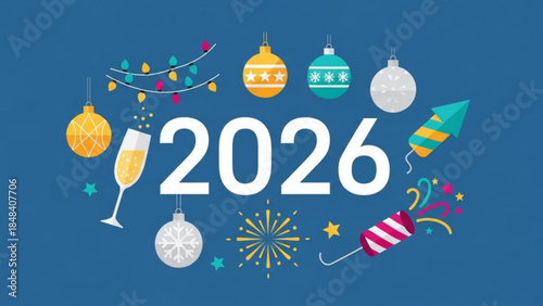 Colorful 2026 new year's eve celebration graphic with ornaments, fireworks, and champagne on blue background