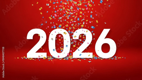 Large white 2026 numbers with colorful confetti exploding behind on red background for celebration
