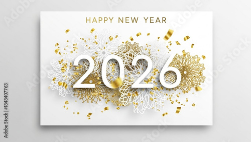 Happy new year 2026 celebration card with gold and white decorations and confetti on white background