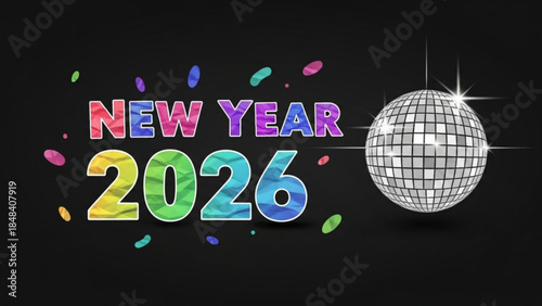 New year 2026 celebration with colorful confetti and disco ball on black background