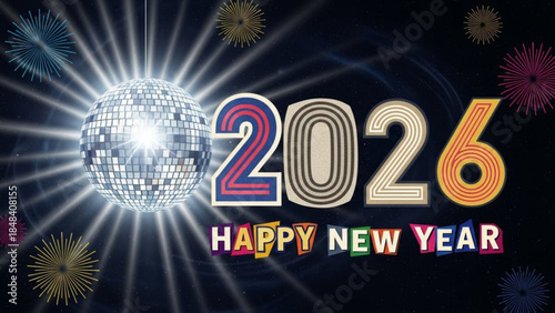 Vibrant 2026 happy new year celebration with shining disco ball and colorful fireworks on dark background