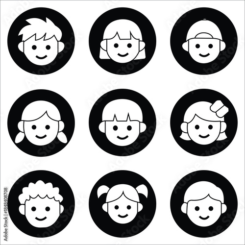 Avatar Icon Set of Women and Children Faces – Filled, Line and Flat Style Minimalist Character Icons with Emotions for Web and Mobile Apps