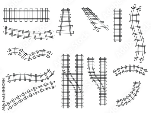 Railway and Railroad Parts Icon Set – Vector Collection of Train Tracks, Junctions, Borders, and Road Signs for Transportation and Infrastructure Design