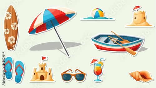 Collection of Beach Vacation Items and Activities.