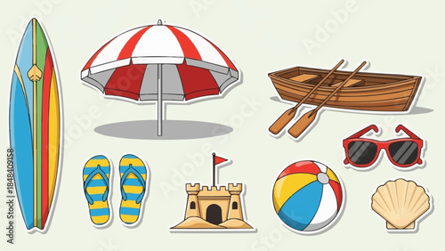 Beach Vacation Essentials Collection With Surfboard Umbrella Sandcastle.