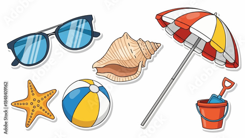 Beach Vacation Essentials Collection With Sunglasses Seashell Starfish Beach Ball Umbrella And Bucket.