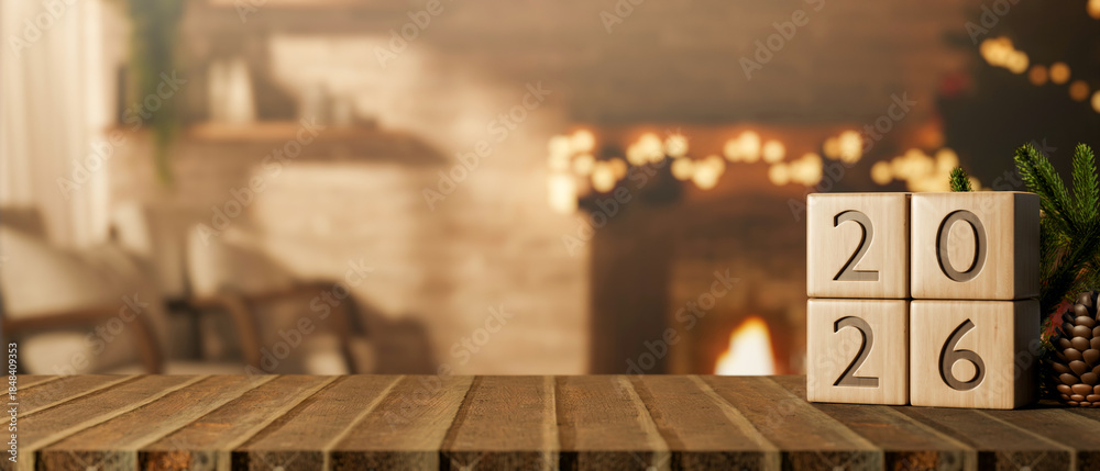 Obraz premium 2026 new year wooden blocks calendar on table across fireplace and bricks wall with Christmas tree.