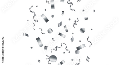 Dynamic silver confetti and sparkling streamers showering down, perfect for festive celebrations and joyous party backdrops