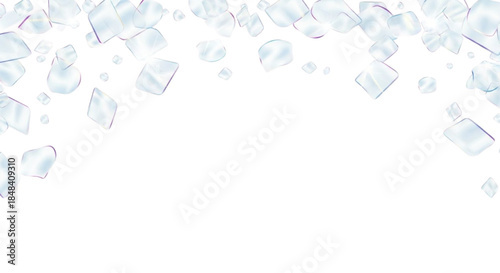 Refreshing Clear Ice Cubes Falling and Scattering Dynamically on a Clean White Background, Ideal for Cool Drink Concepts