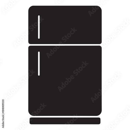  A minimalist black and white icon representing a modern two-door refrigerator for a kitchen appliance illustration.