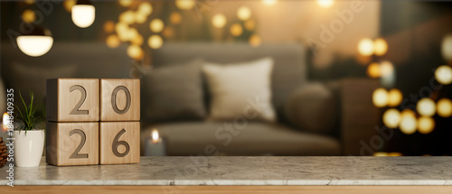 2026 new year countdown wooden block calendar on marble table across sofa in living room with decors