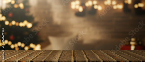 Fototapeta Naklejka Na Ścianę i Meble -  Empty wooden counter table across lighting stocking on bricks wall with Christmas tree and gift box.