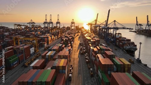Wallpaper Mural A breathtaking aerial view of a bustling industrial seaport at sunset, with rows of shipping containers, gantry cranes, and a docked cargo vessel Torontodigital.ca