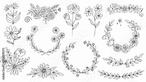Collection of Hand Drawn Floral Elements and Botanical Illustrations.