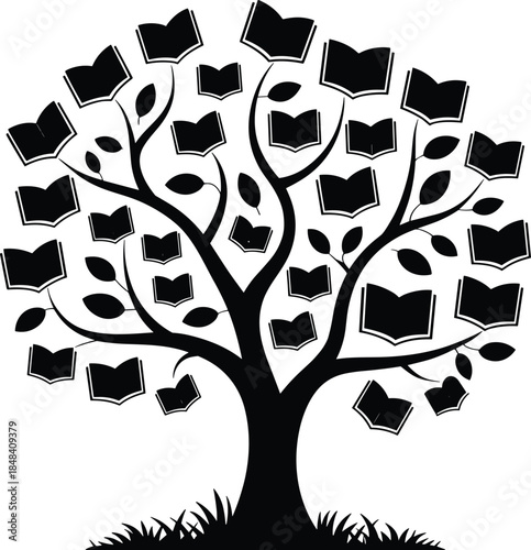 A silhouette tree of knowledge bearing open books as leaves