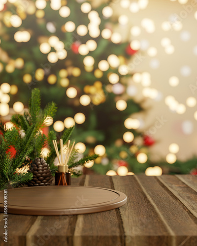 Pinecone and diffuser aside wooden tray at counter table across Christmas tree with light decoration