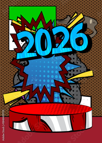 Comic Book Product podium stage for mockup presentation with 2026. Retro comics background.