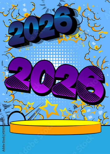 Comic Book Product podium stage for mockup presentation with 2026. Retro comics background.