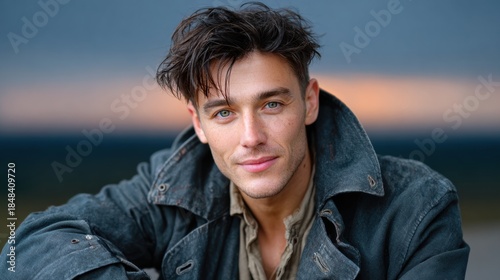 Stylish Denim Jacket Look: Man Captured Sliding with Confidence in a Photorealistic Image