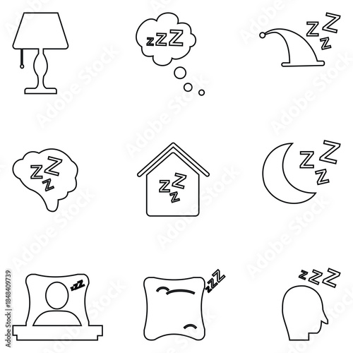 Sleep and Zzz Icon Set – Vector Collection of Line, Outline, and Doodle Illustrations for Relaxation, Bedtime, Kids, and Digital Design