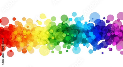 Vibrant abstract design featuring a dynamic array of colorful, translucent circles creating a horizontal rainbow spectrum