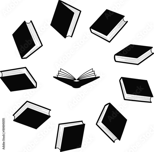 Circular arrangement of open and closed books in a whimsical hand drawn style