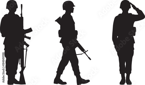Three Silhouettes Of Soldiers With Rifles On White Background