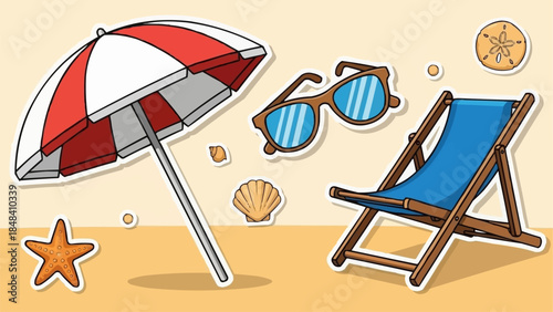 Beach Vacation Essentials Including Umbrella Deck Chair and Sunglasses.