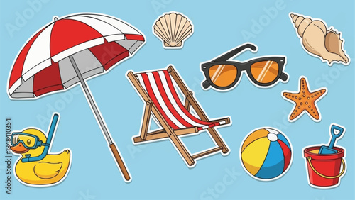 Beach Vacation Essentials Collection With Umbrella And Toys.