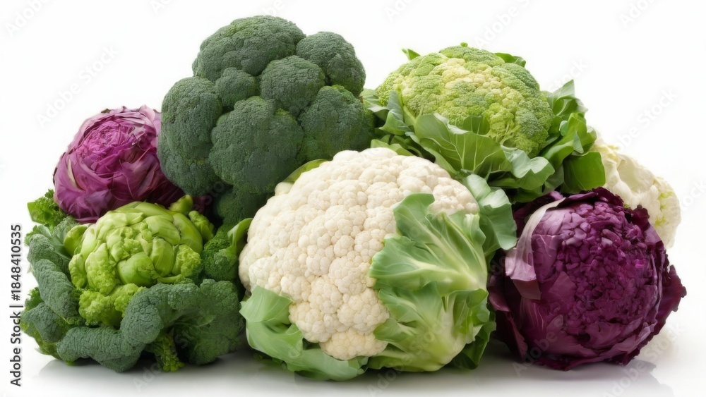 Fototapeta premium Fresh Broccoli, Cauliflower, and Red Cabbage Arranged Over White Background in Creative Vegetable Composition