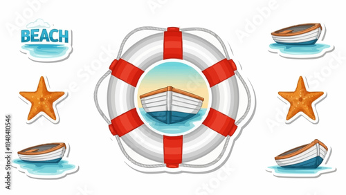 Nautical Theme Elements with Ship Lifebuoy Starfish and Boats.