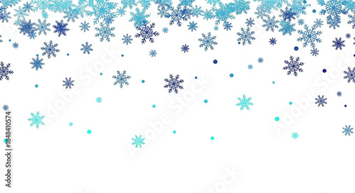 Charming frosty blue and aqua snowflakes drifting down against a bright white space, ideal for seasonal greetings and festive backdrops