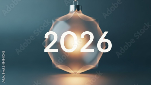 Glowing transparent christmas ornament with 2026 on dark background with warm light reflection
