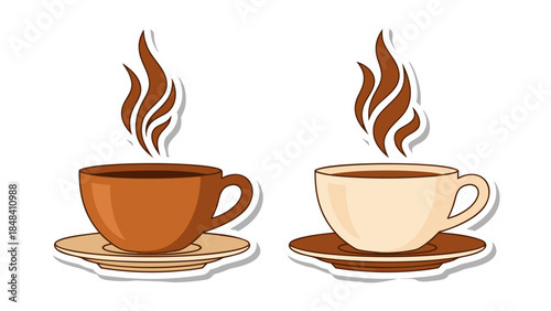 Two Hot Coffee Cups with Steam - Vector Illustration