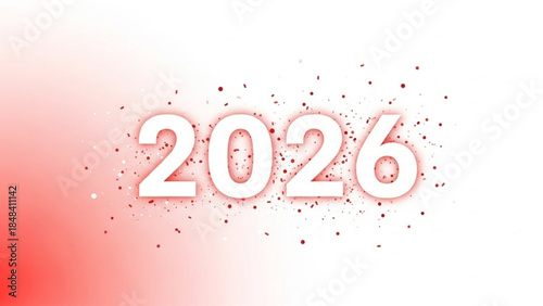 A futuristic white 2026 year number with red gradient background and sparkling particles