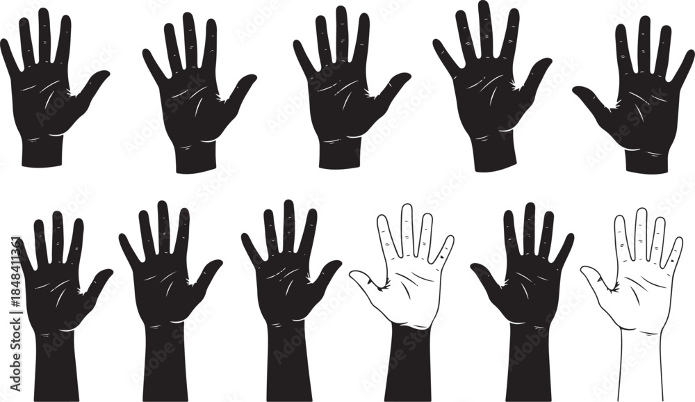 Obraz premium Collection of black and white hand silhouettes hands