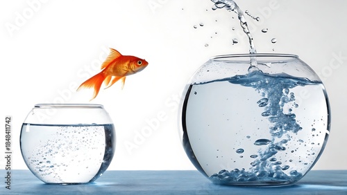 A goldfish leaps from a small fishbowl to a larger one, symbolizing change and new opportunities