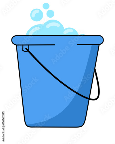 Blue plastic bucket filled with soap bubbles for cleaning icon