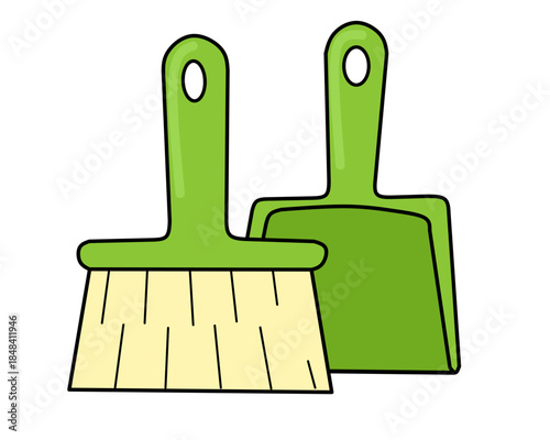 Green broom and dustpan set for cleaning chores icon isolated