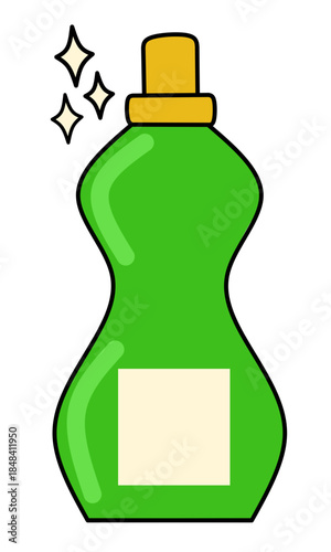 Green bottle of dish soap detergent with shiny stars icon