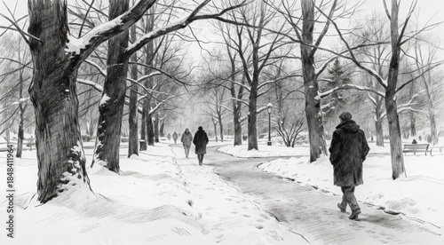 Monochrome pencil sketch of a winter park