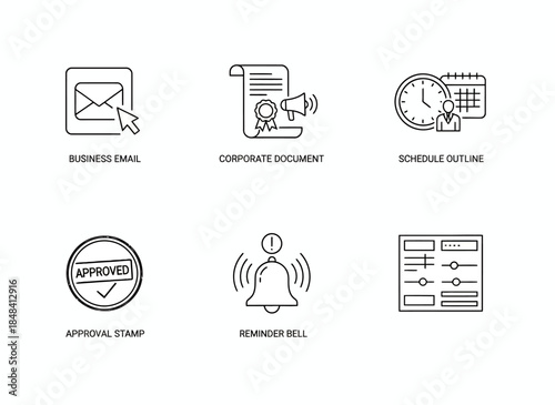Vector icons Business and office communication line icons set including email document schedule approval reminder and settings. Vector Illustration. EPS Editable