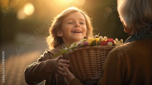 Joyful Child Shares Flower Basket with Elderly, Radiating Happiness and Connection in Sunlight, Celebrating Natures Beauty and Joyful Moments, Free Flower Basket Day