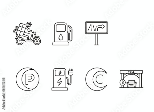 Vector icons Collection of transport and energy icons depicting vehicles fueling charging and parking. Vector Illustration. EPS Editable