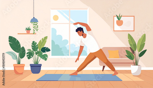 A man practicing yoga in a bright, plant-filled living room, performing a triangle pose on a blue mat.