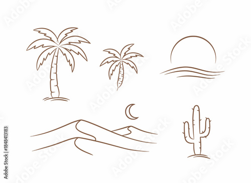 Vector icons Desert landscape with palm trees and dunes. Vector Illustration. EPS Editable