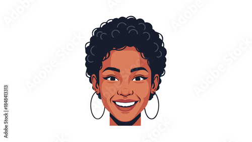 Vector Portrait of Smiling Black Woman with Curly Hair and Hoop Earrings