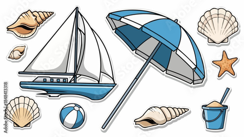 Summer Beach Vacation Elements Collection Sailboat Umbrella Seashells.
